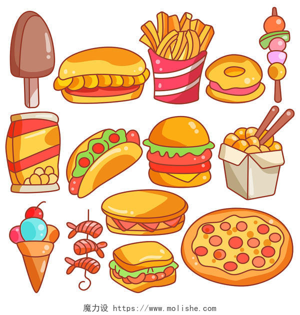 卡通食物夏天汉堡薯条披萨组合图插画素材png